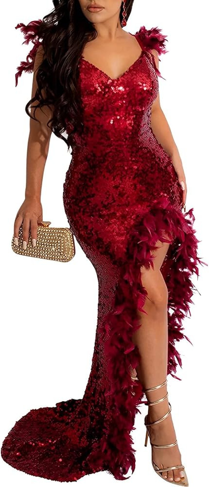 ENOPINK Women's Sexy Sequin Feather Prom Dresses 2025 High Slit Deep V Neck Evening Formal Masque... | Amazon (US)