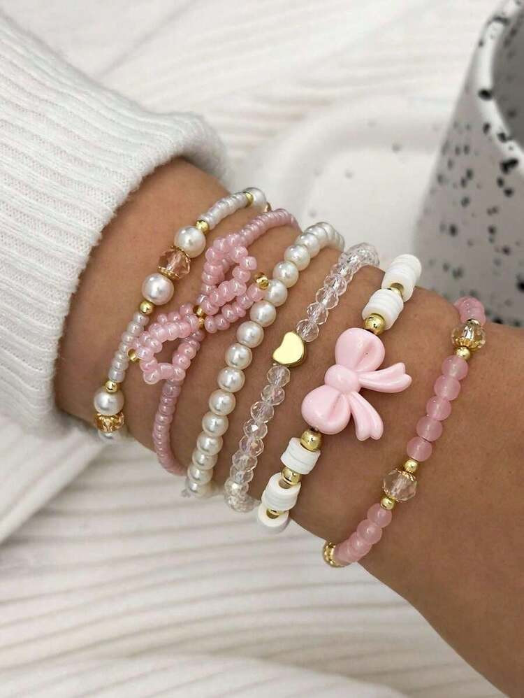 Pink beaded bracelet stack | SHEIN
