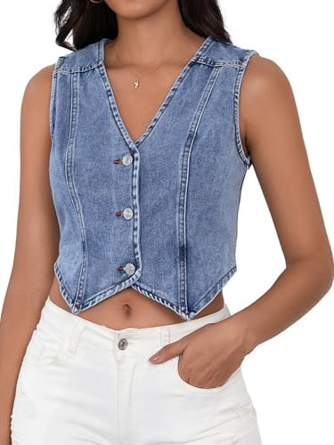 SHENHE Women's Denim Vest Button Down Sleeveless Jean Vest Top Y2K Cropped Denim Jacket Country Fashion Western Clothes Blue a X-Small | Amazon (US)
