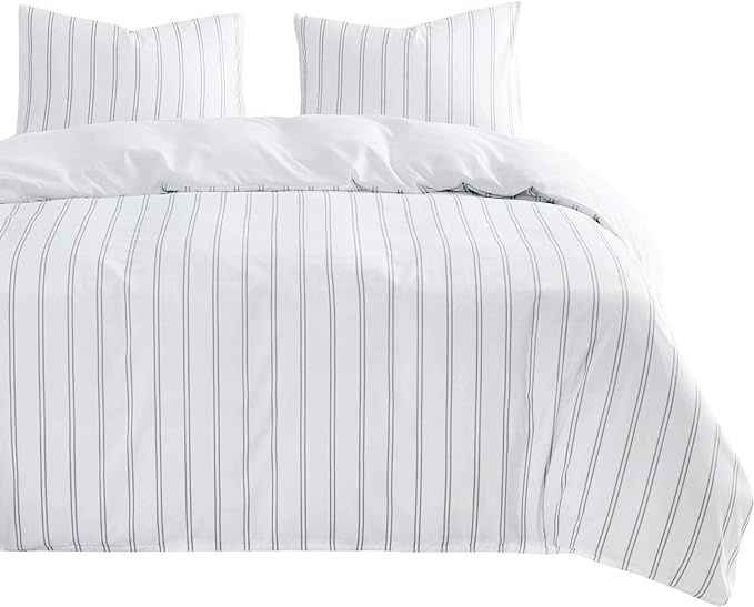 Wake In Cloud - Striped Comforter Set, Light Gray Grey Vertical Stripes Pattern Printed on White,... | Amazon (US)