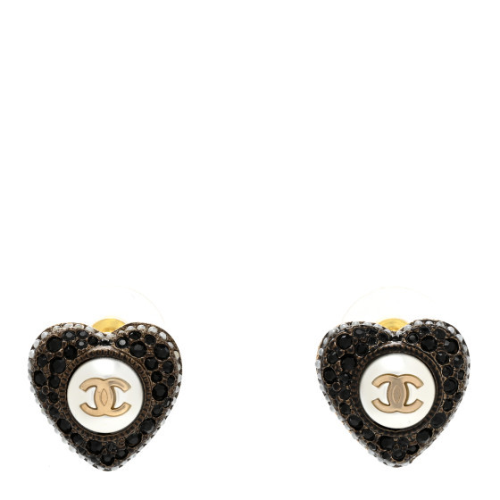 Pearl Crystal CC Heart Earrings Gold Black | FASHIONPHILE (US)