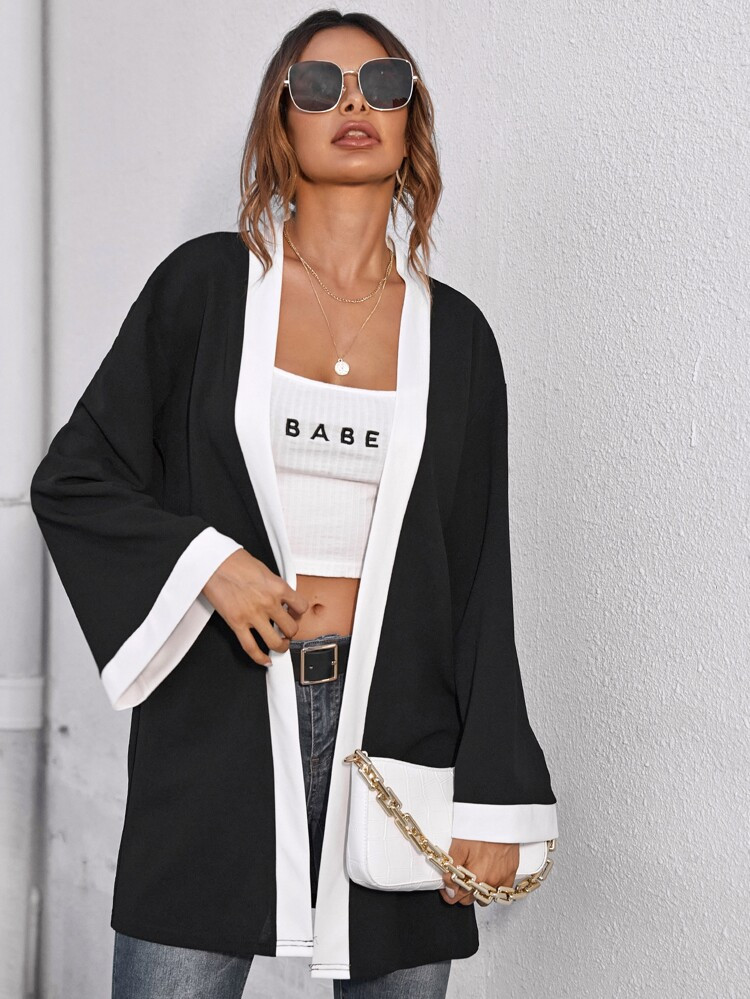 SHEIN Open Front Contrast Binding Coat | SHEIN