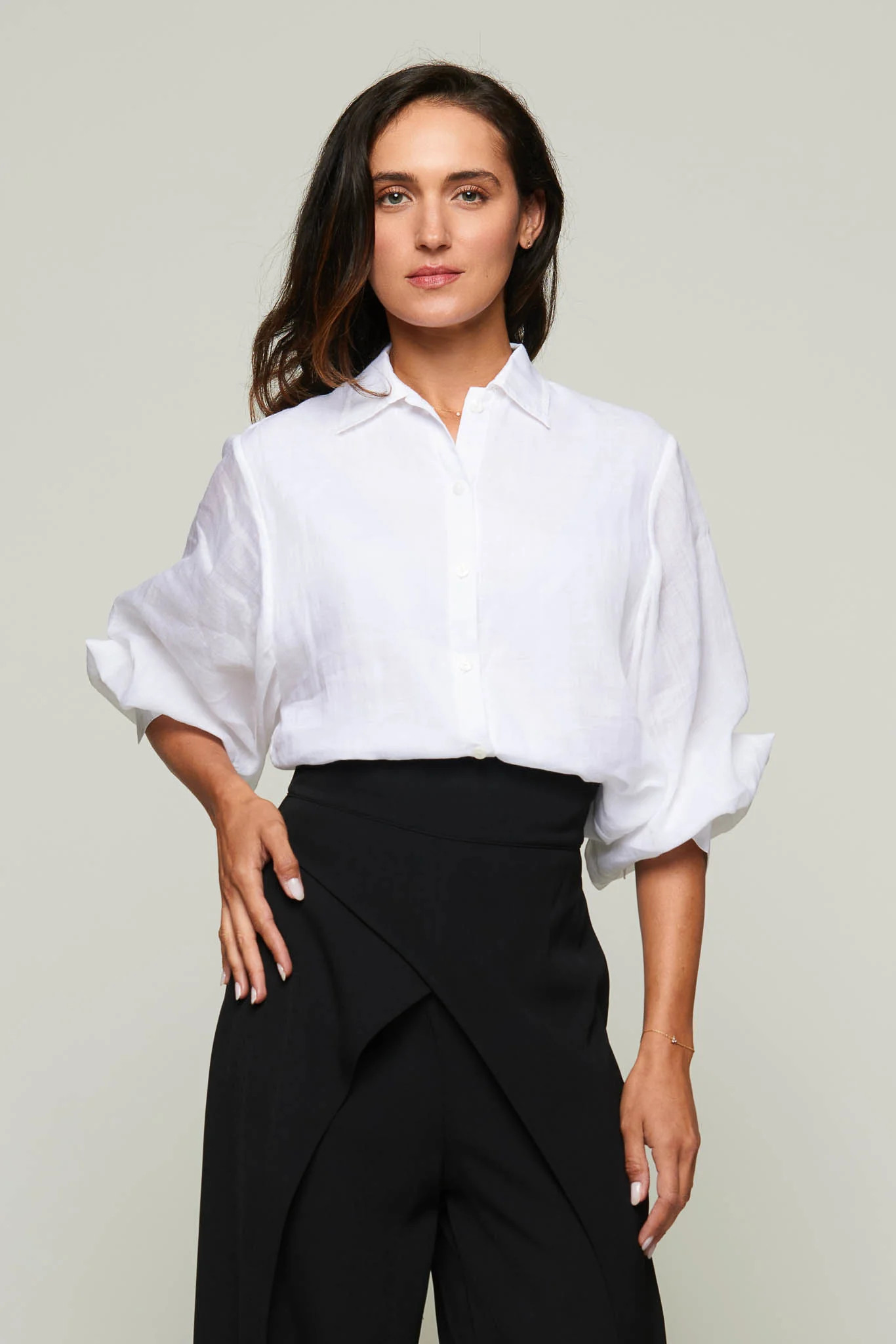 Carmine Long Puff Sleeve Collared Button Up Top | Benaar La