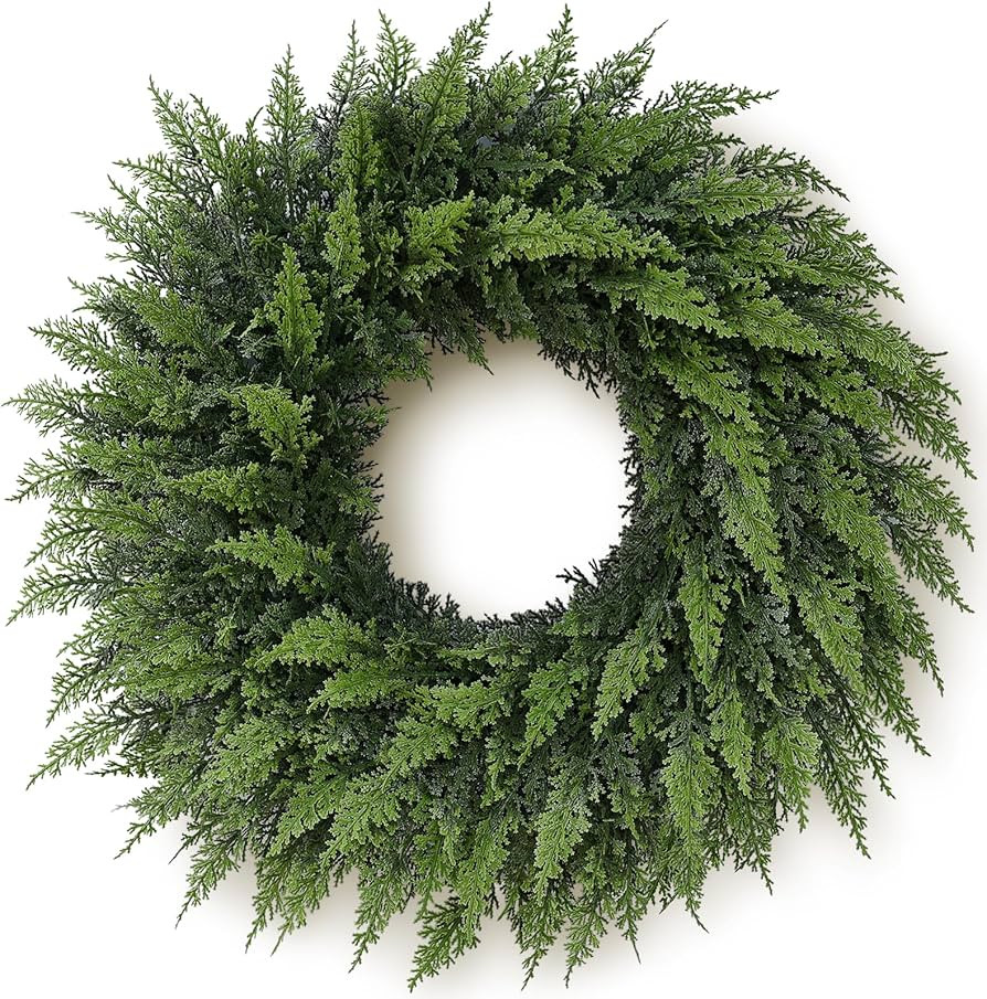 24" Real Touch Cedar Wreath for Front Door, Artificial Christmas Wreaths Faux Cedar Green Fake Pi... | Amazon (US)