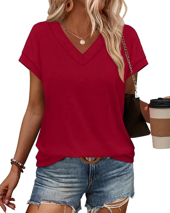 Womens T Shirts V Neck Cap Sleeve Summer Tops Basic Women Blouses Beach Vacation Spring Clothes | Amazon (US)