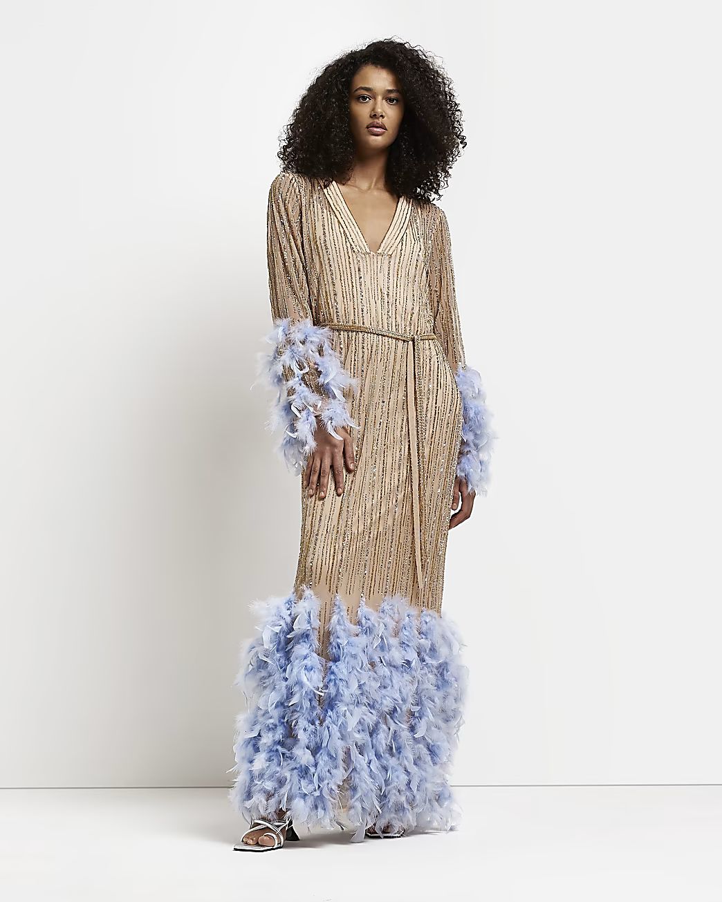 Gold sequin and feather shift maxi dress | River Island (UK & IE)