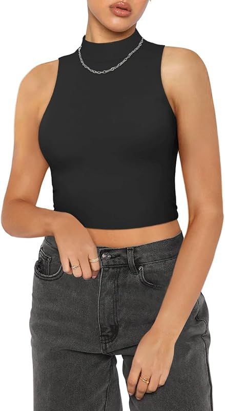 REORIA Women's Summer Casual Mock Neck Sleeveless Going Out Y2K Tank Crop Tops | Amazon (US)