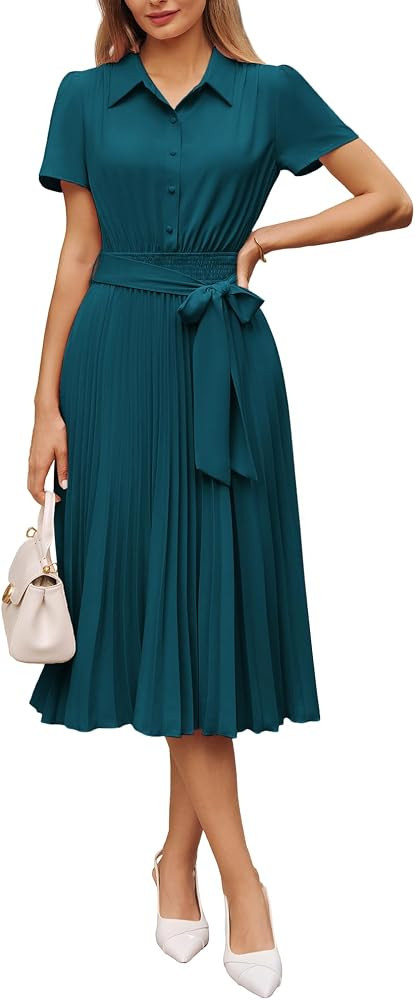 GRACE KARIN Women's 2026 Summer Midi Work Dress Short Sleeve Button Shirt Dresses A Line Pleated ... | Amazon (US)