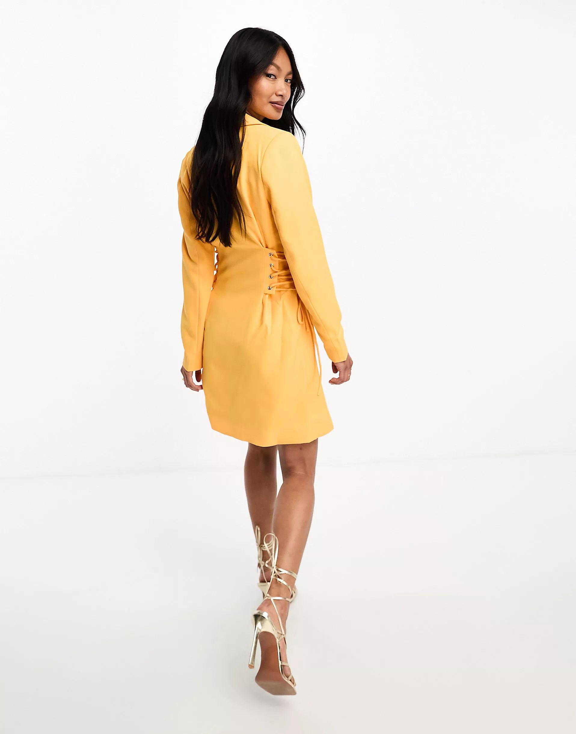 Y.A.S exclusive tailored blazer mini dress with corset lace up side in mango | ASOS (Global)