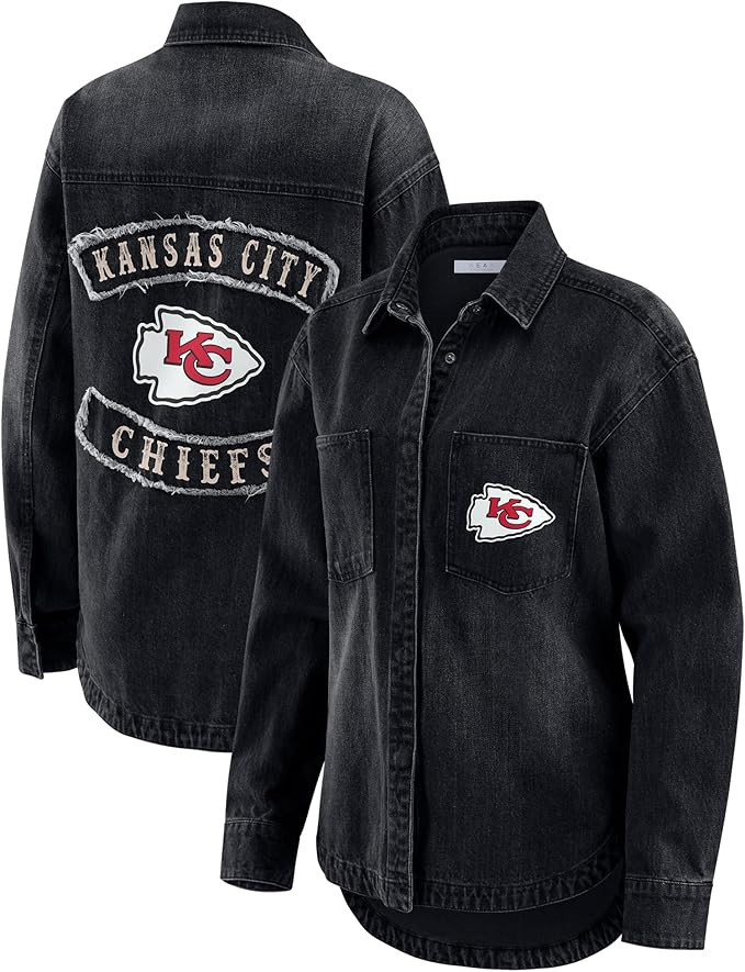 WEAR by Erin Andrews Women's Black Kansas City Chiefs Washed Oversized Denim Full-Snap Shacket | Amazon (US)