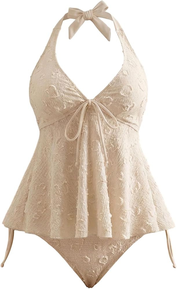 Verdusa Women's 2 Piece Hater Tankini Set Textured Babydoll Tops with Panty Swimsuits | Amazon (US)