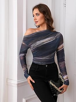 Women's Off The Shoulder Shirts Tie Dye Long Sleeve Mesh Casual Top Trendy Ruched Slim Fitted Tee... | Amazon (US)