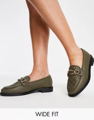 River Island Wide Fit chain detail quilted loafers in olive | ASOS (Global)