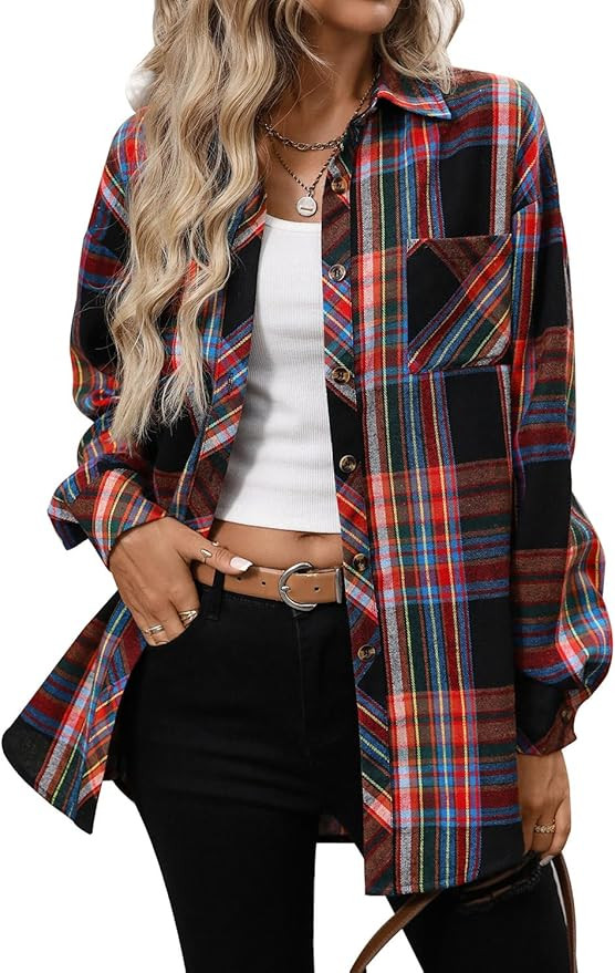 CHYRII Womens Oversized Flannel Shirts Button Down Long Sleeve Plaid Shirt Business Casual Blouse... | Amazon (US)