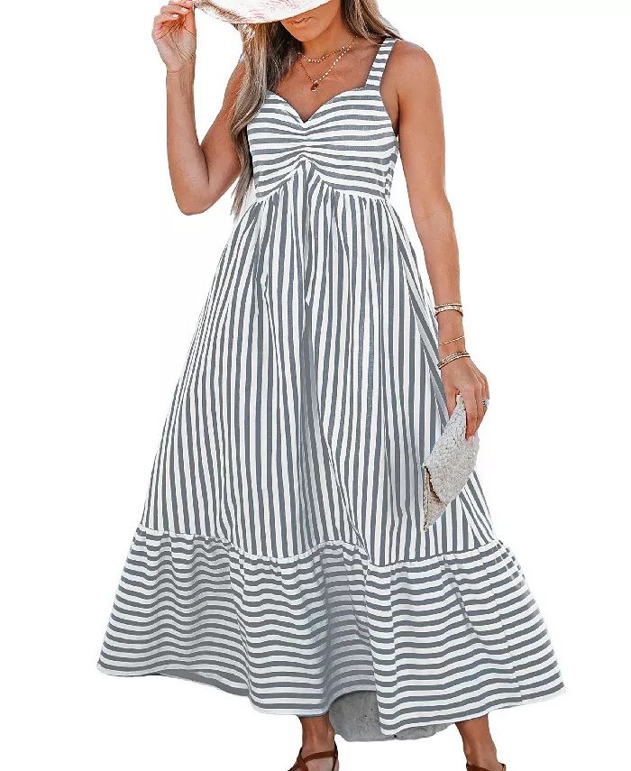 CUPSHE Women's Striped Ruched Maxi Beach Dress - Macy's | Macy's