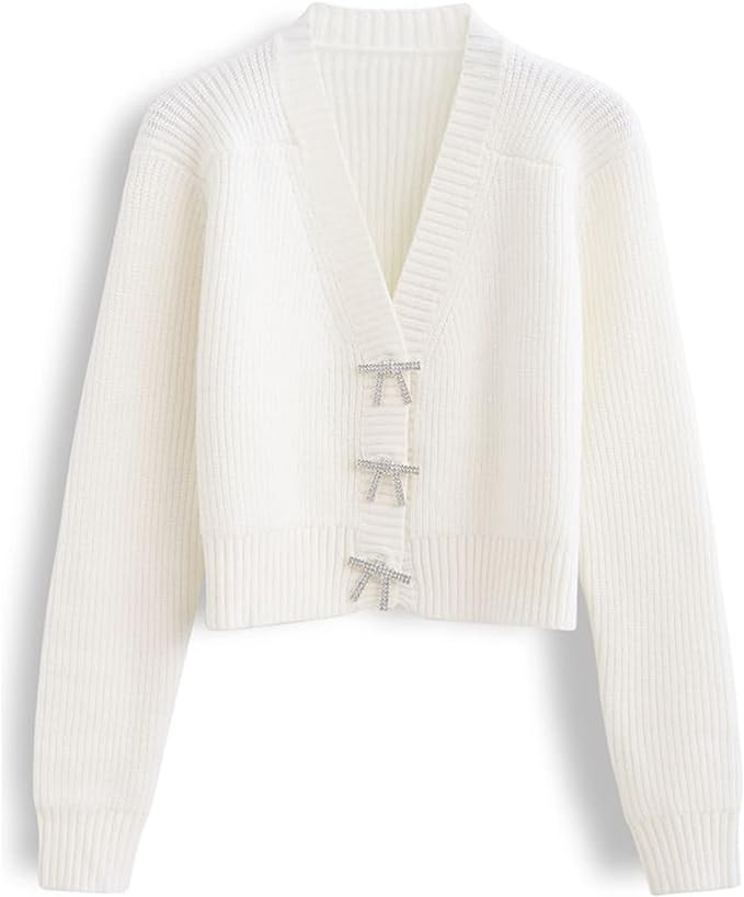 CHICWISH Women's White/Red/Black/Pink/Mint Bowknot Brooch Button Up Crop Knit Cardigan | Amazon (US)