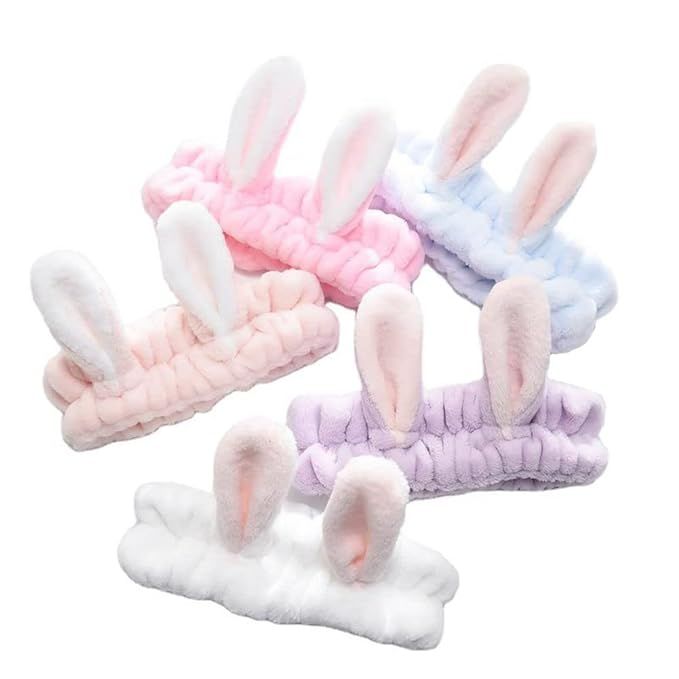 LOVEF 5Pcs Bunny Ear Cosmetic Headband Fashion Cute Fluffy Elastic Makeup Headband Hairband for S... | Amazon (US)