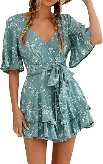 AIMCOO Womens Summer Short Flared Sleeve Romper V Neck Floral Print Jumpsuit Waist Tie Layer Ruff... | Amazon (US)