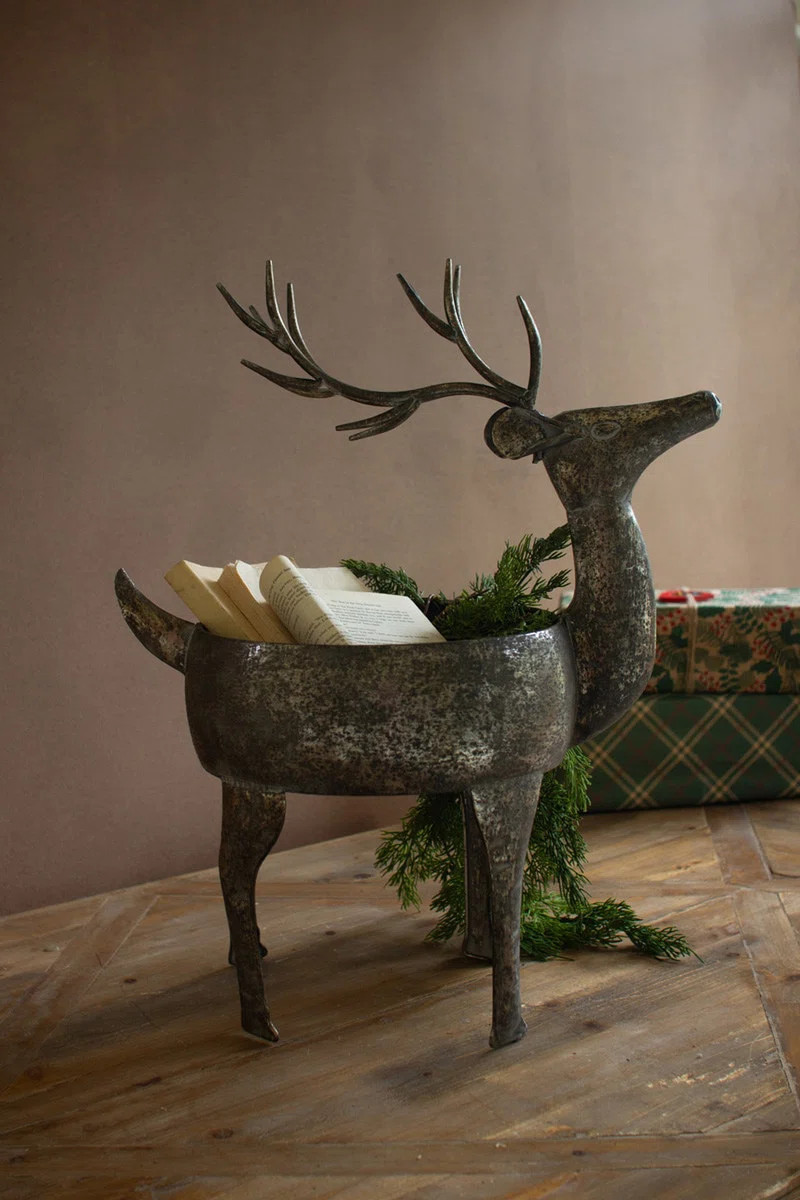 Rosalind Wheeler  Metal Reindeer Planter 24"H – Rustic Distressed Finish – Holiday Accent | Wayfair | Wayfair North America