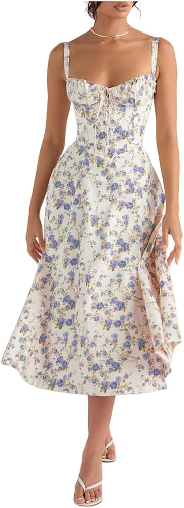 Women Floral Corset Dress Summer Spaghetti Straps Square Neck Casual Ruched High Waist Split Casu... | Amazon (US)