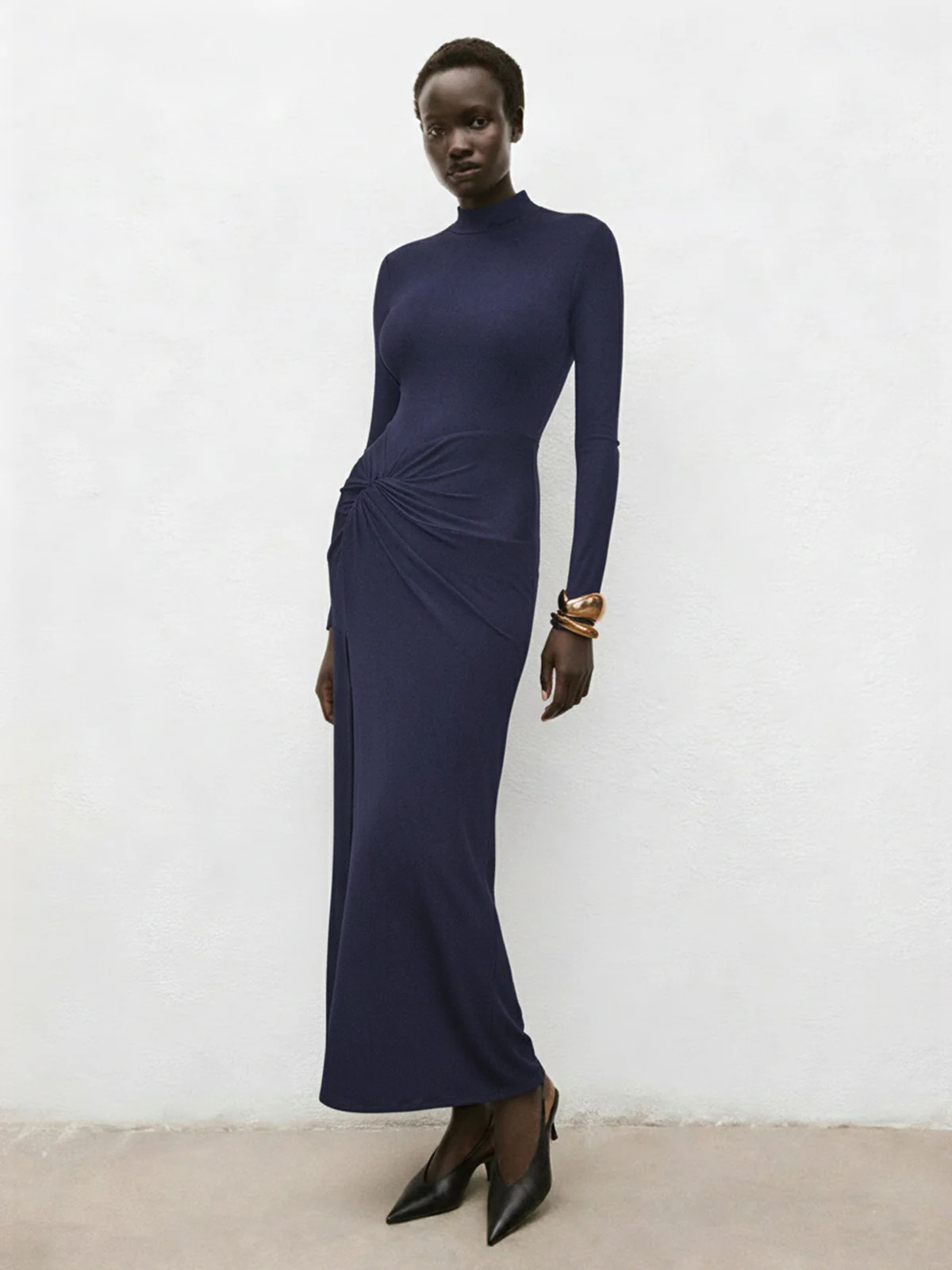 Mock Neck Ruched Slit Maxi Dress | Commense