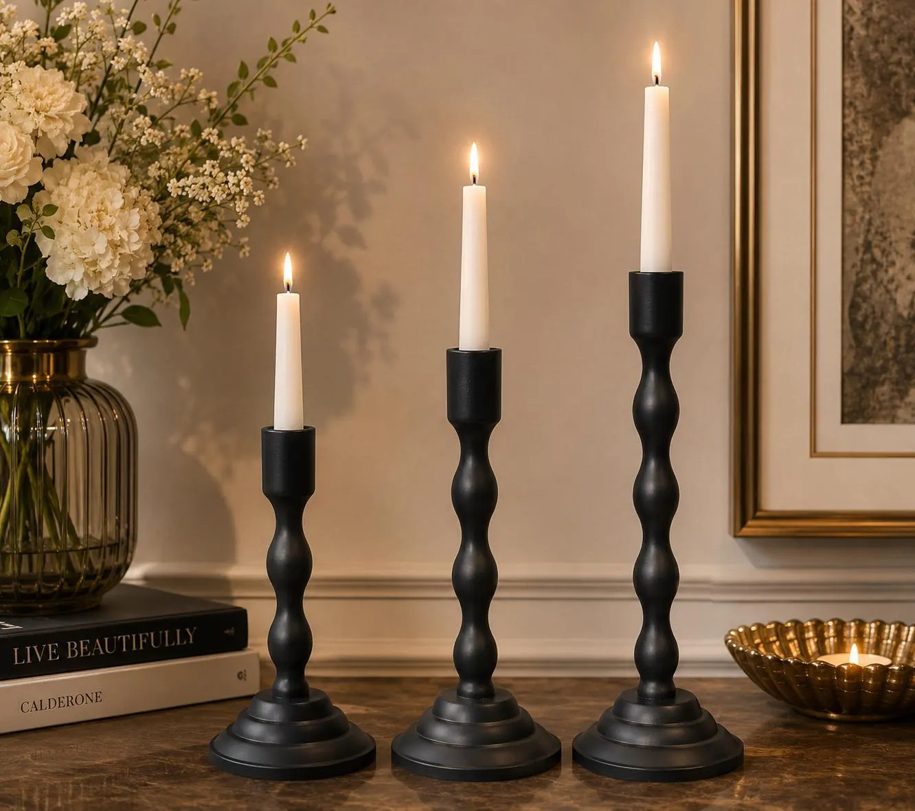 Set of 3 Black Aluminium Candle Holders | Wedding Table, Mantel Decor | Etsy (Global)