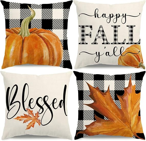 Fall Pillow Covers 18x18 Thanksgiving Farmhouse Decorations Buffalo Plaid Pumpkin Maple Leaf Outd... | Amazon (US)