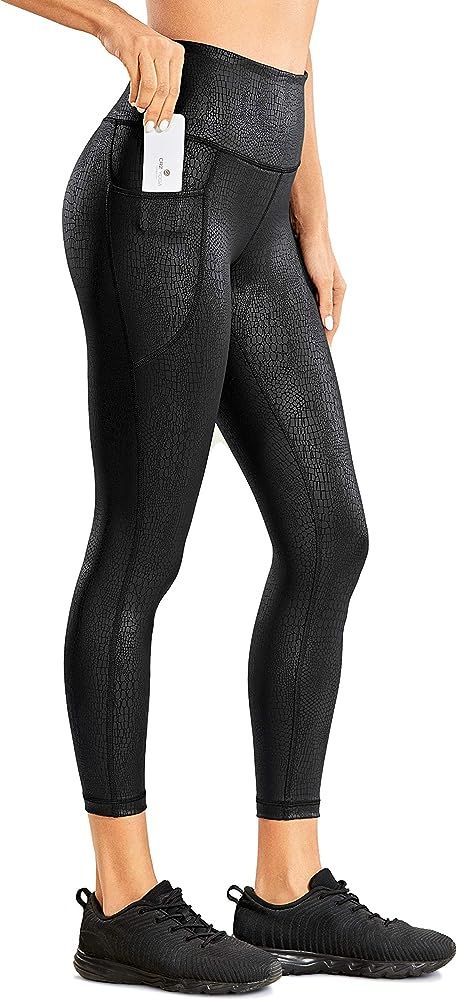 CRZ YOGA Women's Faux Leather Workout Leggings 23 Inches - High Waisted Yoga Pants Stretchy Capri... | Amazon (US)