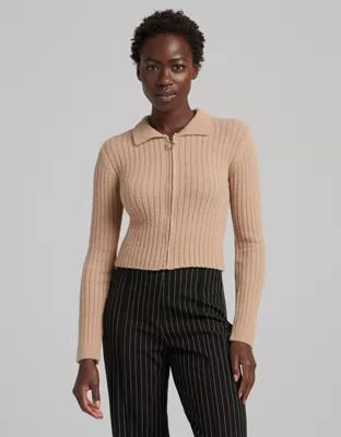 Bershka polo collar zip up sweater in camel | ASOS (Global)