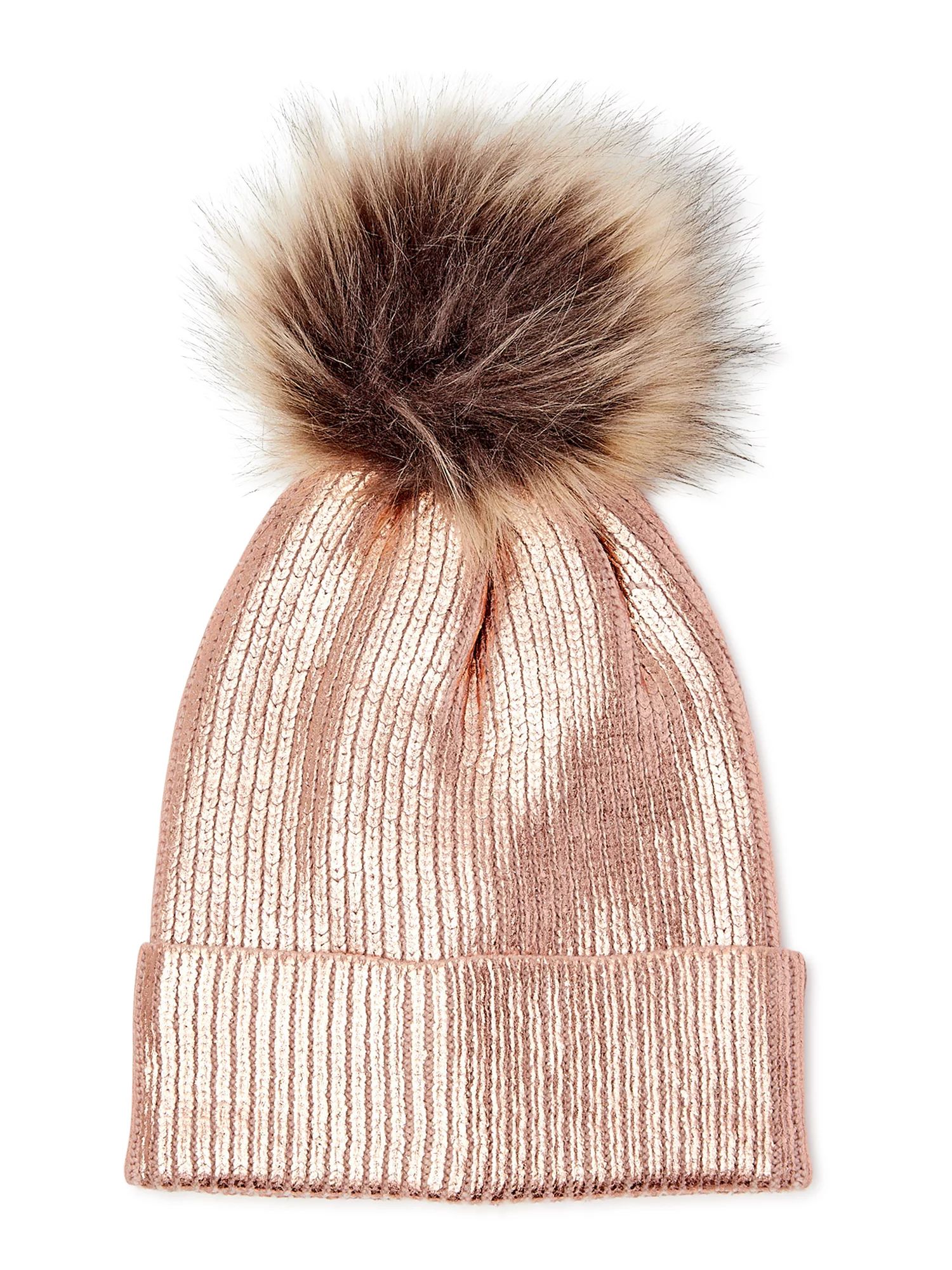 Scoop Women's Metallic Beanie Hat with Faux Fur Pom | Walmart (US)