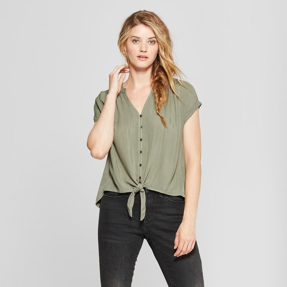 Women's Tie Front Short Sleeve Blouse - Universal Thread Olive (Green) XL | Target