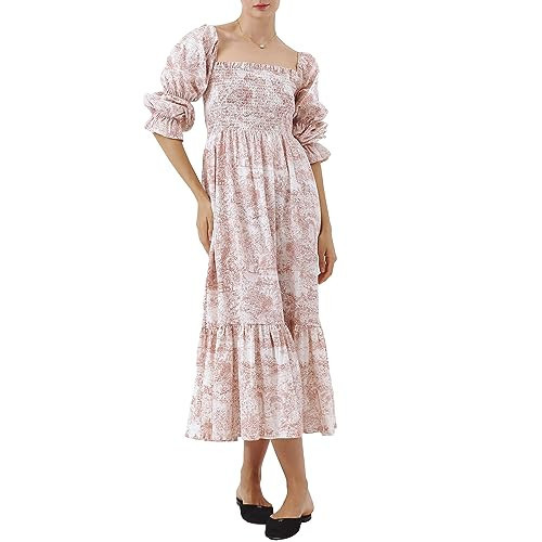 lisenraIn Off The Shoulder Dresses for Women Boho Sexy Puff Long Sleeve Midi Maxi Dress Long Flowy Floral Dress (Pink Floral Print, M) | Amazon (US)