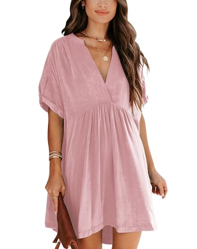 Minclouse Women's Babydoll Short Sleeve Tunic Dress V Neck Cute Casual Loose Dresses Light Purple... | Amazon (US)