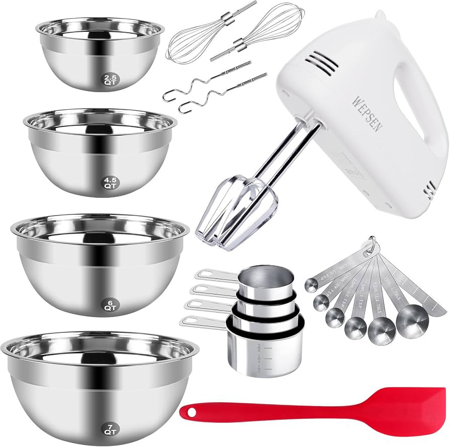 WEPSEN 5-Speed Electric Hand Mixer, 4 Large Mixing Bowls Set, Handheld Mixers with Whisks Beater,... | Amazon (US)