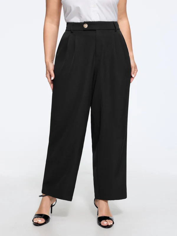 Stretchy Metal Button Pleated Straight Leg Pants | Bloomchic