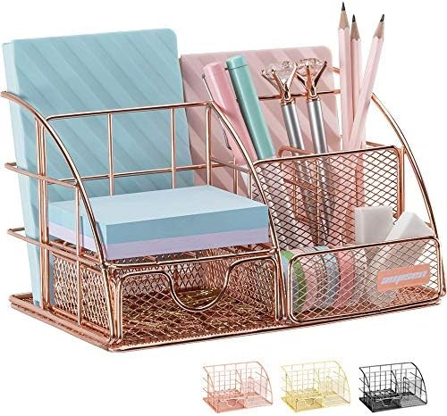 Rose Gold Desk Organizer for Women, AUPSEN Mesh Office Supplies Desk Accessories, Features 5 Comp... | Amazon (US)