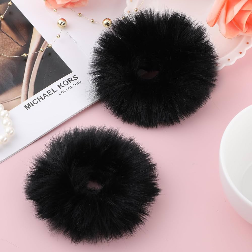 Lusofie 2Pcs Black Pompom Hair Tie Furry Faux Rabbit Fur Fuzzy Scrunchies Black Fuzzy Hair Ties B... | Amazon (US)