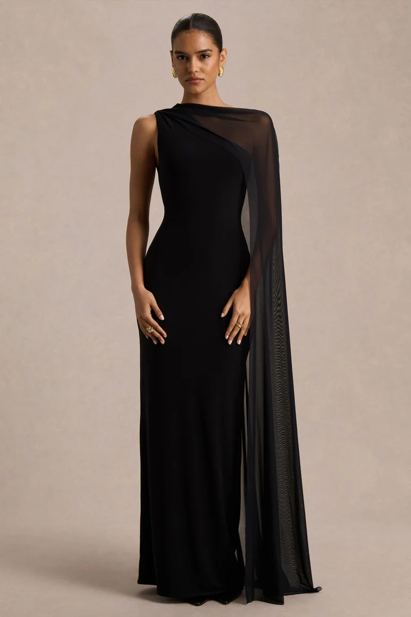 Mirelle  Black Asymmetric-Neck Maxi Dress With Sheer Cape-Sleeve | Club L London