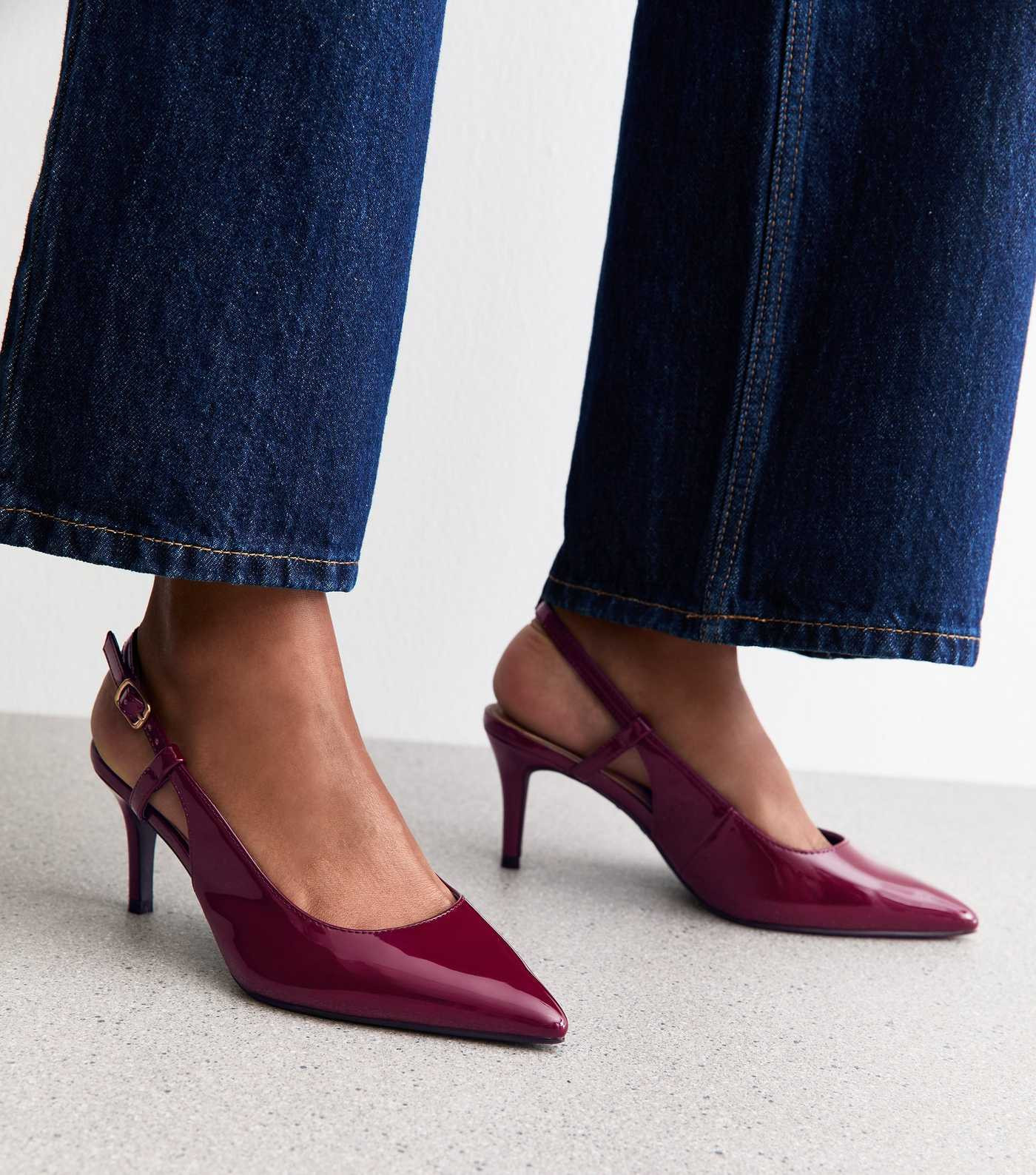Wide Fit Dark Burgundy Faux Leather Slingback Court Shoes | New Look | New Look (UK)