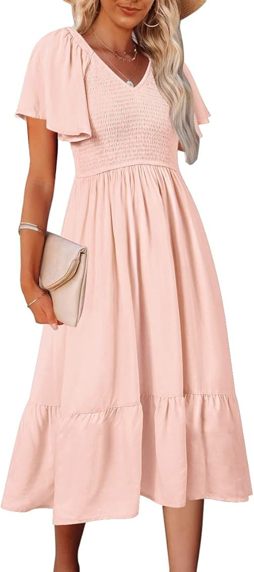 MEROKEETY Womens 2023 Summer Casual V Neck Ruffle Sleeve Smocked High Waist Midi Dress with Pockets | Amazon (US)