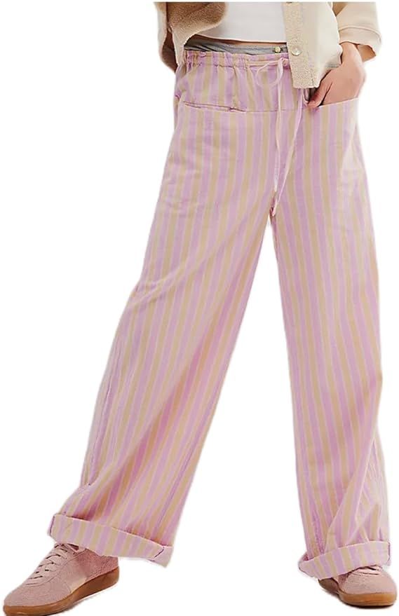 Striped Lounge Pants Womens Gingham Plaid Pajamas Pj Pants Y2k Drawstring Wide Leg Checkered Pala... | Amazon (US)