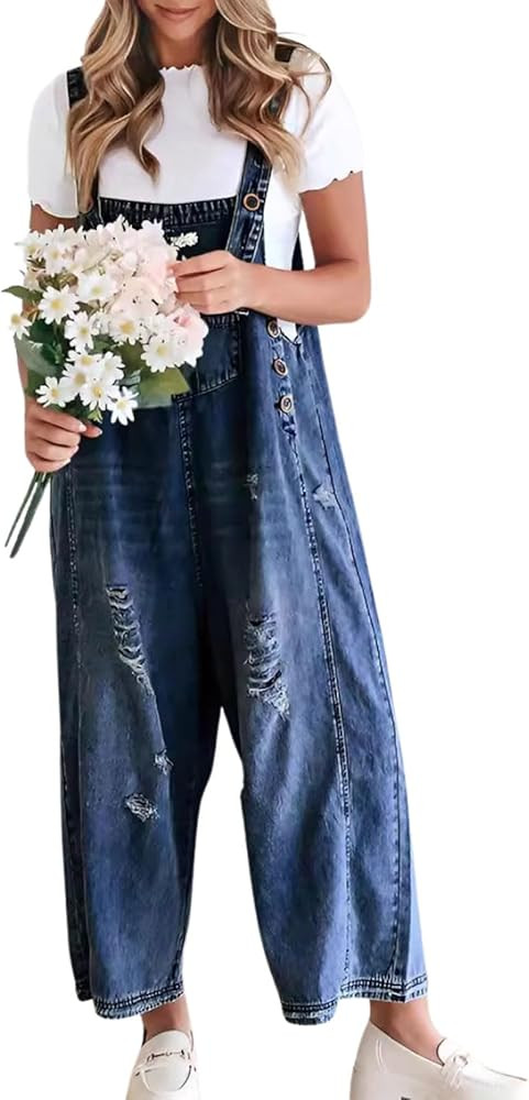 chouyatou Women Loose Adjustable Strap Denim Bib Overall Jeans Distressed Wide Leg Baggy Overalls... | Amazon (US)