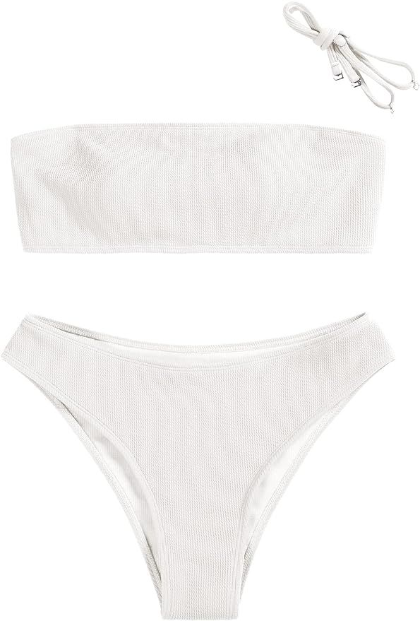 ZAFUL Women Strapless Ribbed High Cut Bandeau Bikini Set | Amazon (US)