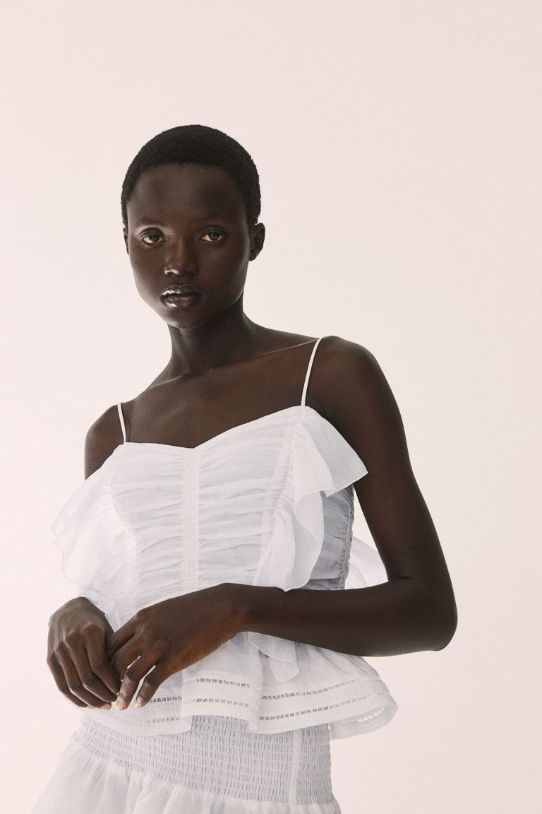 Ruffle-trimmed Camisole Top - Sweetheart Neckline - Sleeveless - White - Ladies | H&M US | H&M (US + CA)