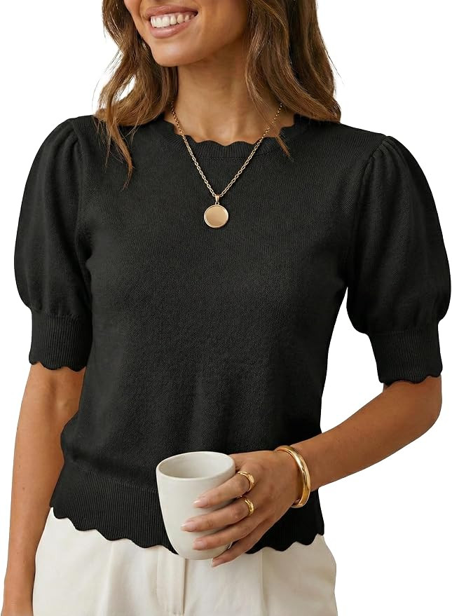 Short Sleeve Sweater for Women Pullover Knit Tops Scalloped Crewneck Puff Sleeve 2026 | Amazon (US)