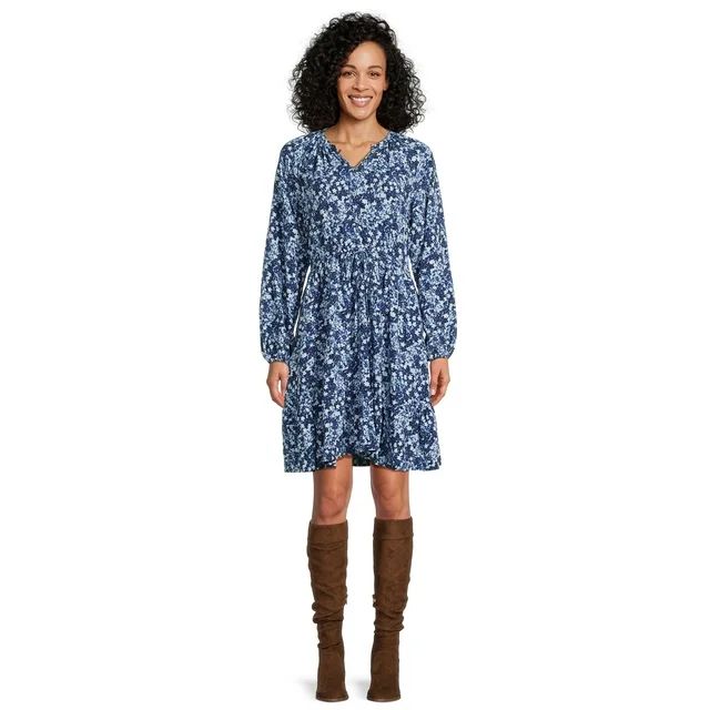 Time and Tru Women's Long-Sleeve Mini Dress with Drawstring, Sizes S-XXXL | Walmart (US)