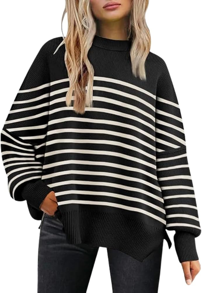 Women's Batwing Sweater Oversized Knit Pullover with Side Slits Fall Casual Crewneck Top for Fash... | Amazon (US)