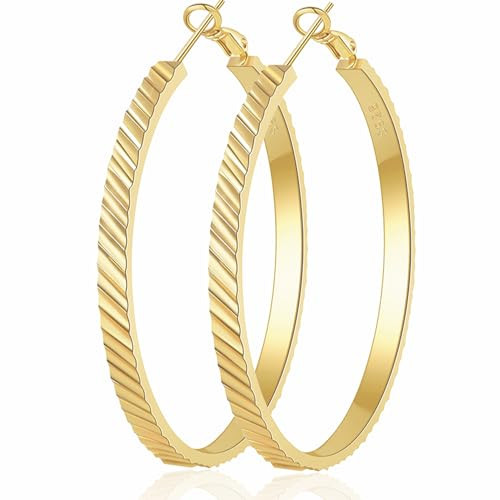 OOOPEL Large Gold Hoop Earrings for Women Stripe Gold Chunky Hoops Minimalist Wide Gold Hoop Earrings Lightweight Big Gold Hoops Hypoallergenic Sterling Silver Post Thick Gold Hoop Earrings for Women | Amazon (US)