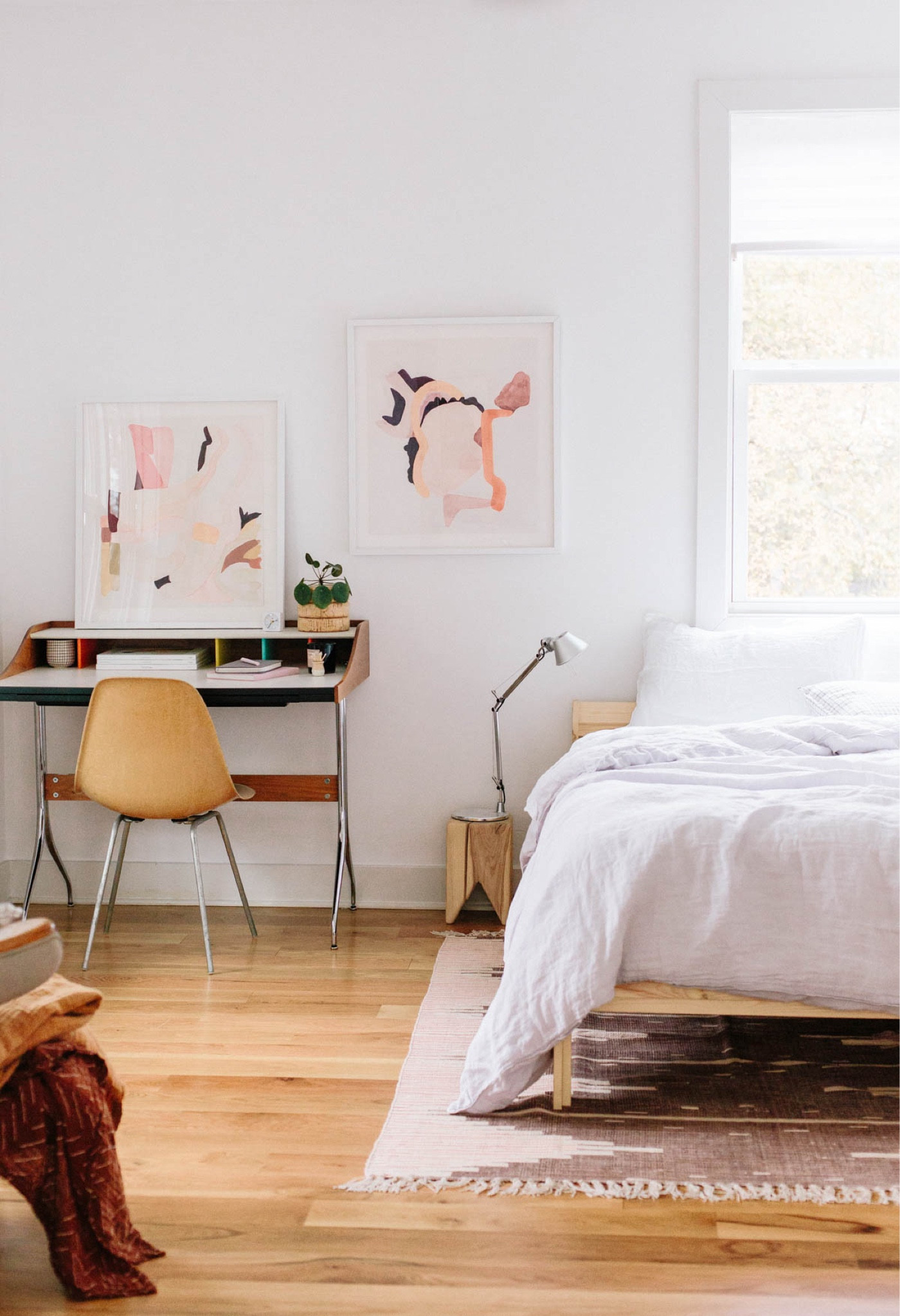 Guest bedroom meets office - Nelson desk - bedroom - linen bedding - wood stool - mid century 

#LTKFind #LTKstyletip #LTKhome
