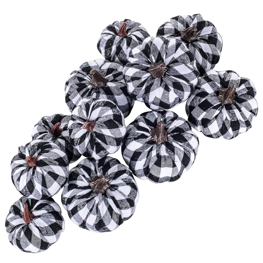 Set of 12 Small Faux Harvest Decorative Fabric Pumpkins Foam Pumpkins in Black & White Buffalo Ch... | Amazon (US)
